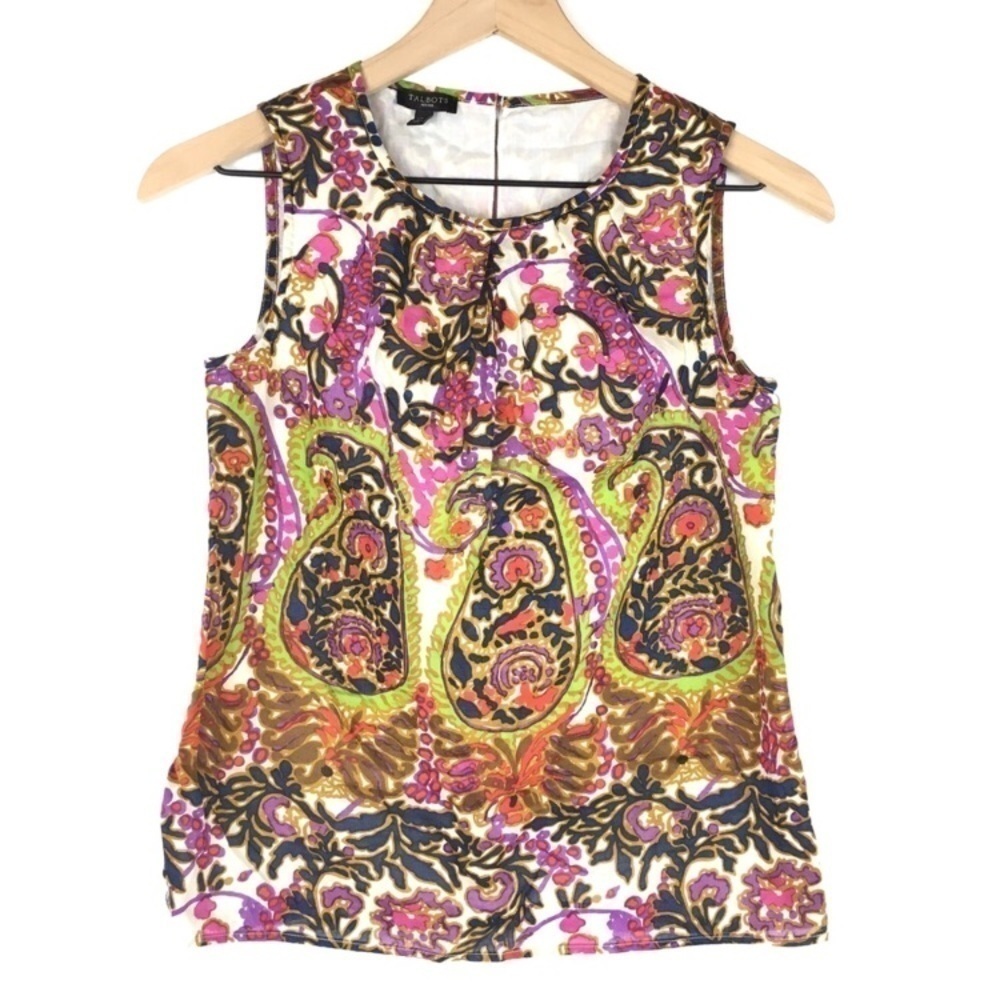 TALBOTS Shell Blouse Tank Top Sleeveless Paisley Ikat Floral Boho Petite Size 2P